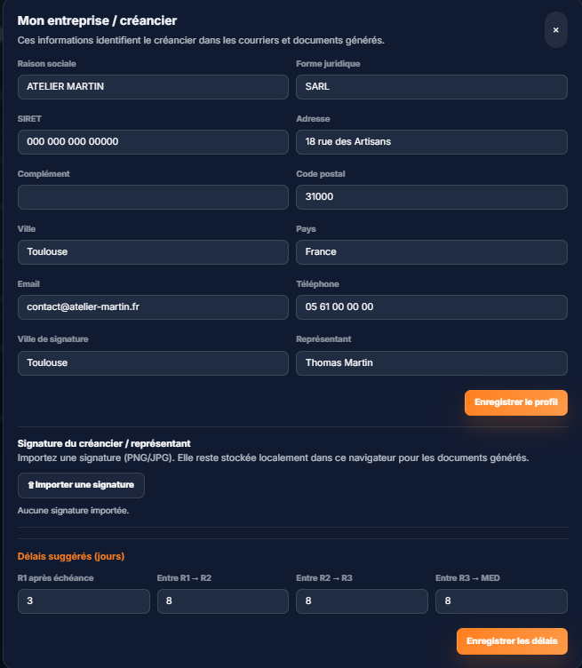 Profil de l’entreprise créancière dans Axe Flow