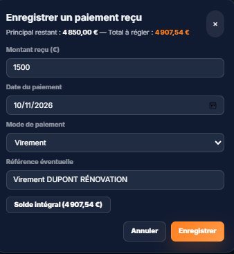 Enregistrement du paiement de 1 500 euros
