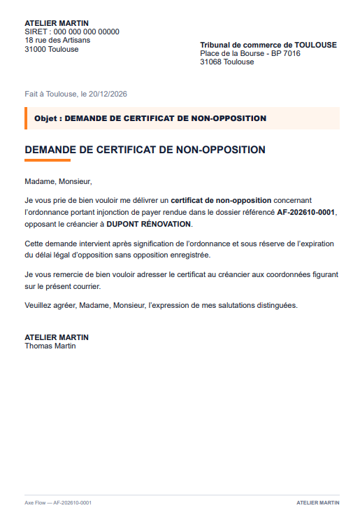 Courrier de demande de certificat de non-opposition